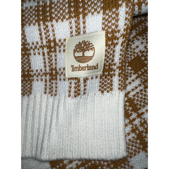 Timberland SCARF Sweater Knit Cream Gold Mustard Ribbed Hem Plaid Warm NEW - Picture 3 of 8
